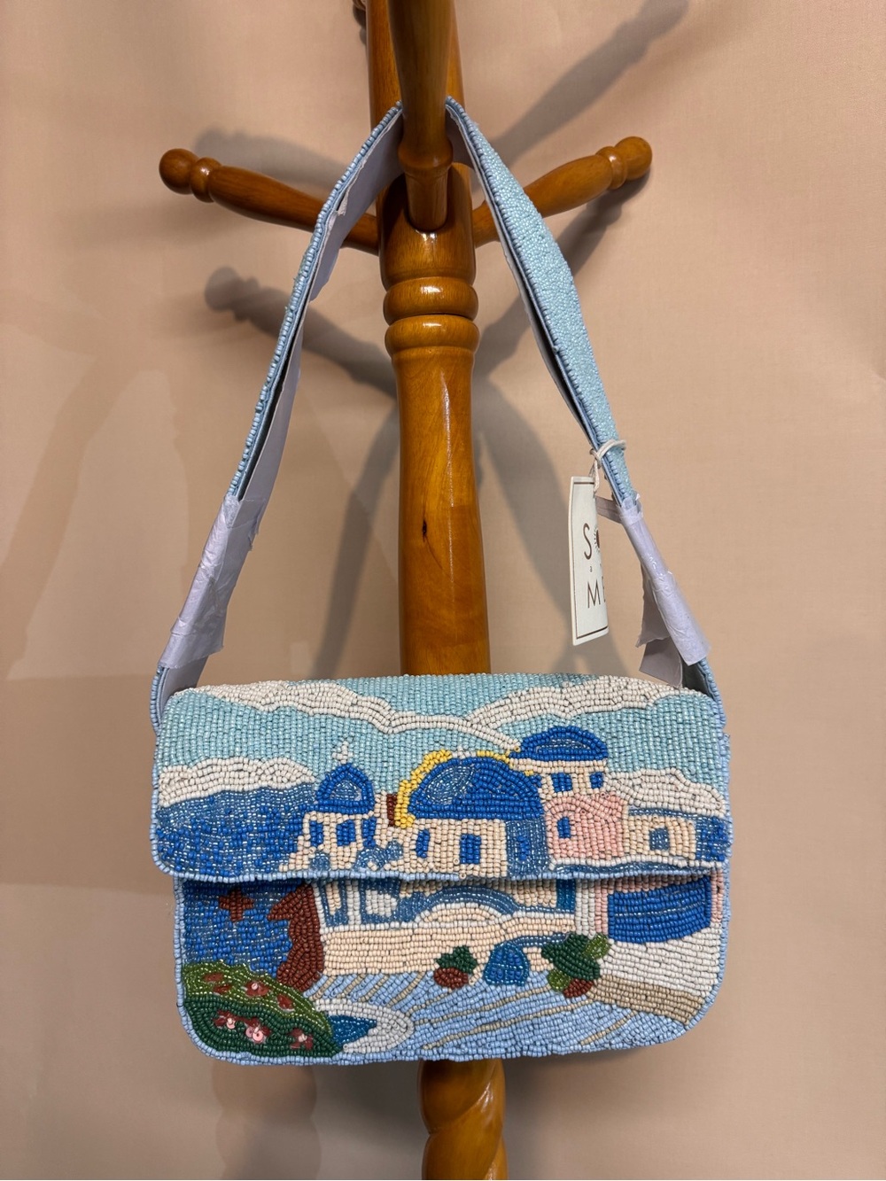 Sol and Mer Beaded Mediterranean Greece Scene Shoulder Bag in Turquoise